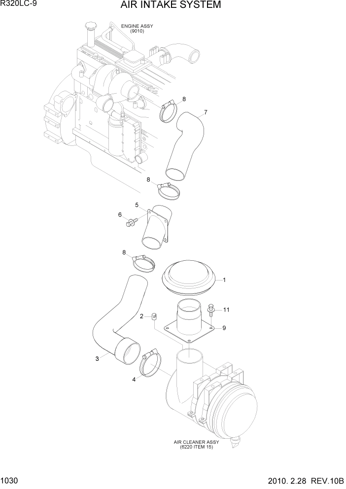 Схема запчастей Hyundai R320LC9 - PAGE 1030 AIR INTAKE SYSTEM СИСТЕМА ДВИГАТЕЛЯ