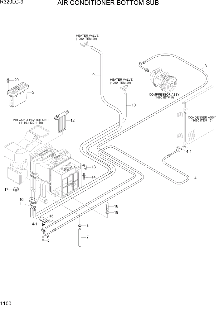 Схема запчастей Hyundai R320LC9 - PAGE 1100 AIR CONDITIONER BOTTOM SUB СИСТЕМА ДВИГАТЕЛЯ