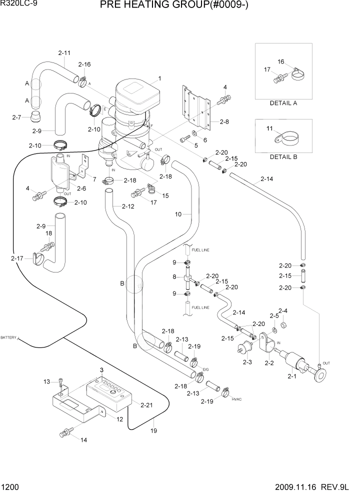 Схема запчастей Hyundai R320LC9 - PAGE 1200 PRE HEATING GROUP(#0009-) СИСТЕМА ДВИГАТЕЛЯ