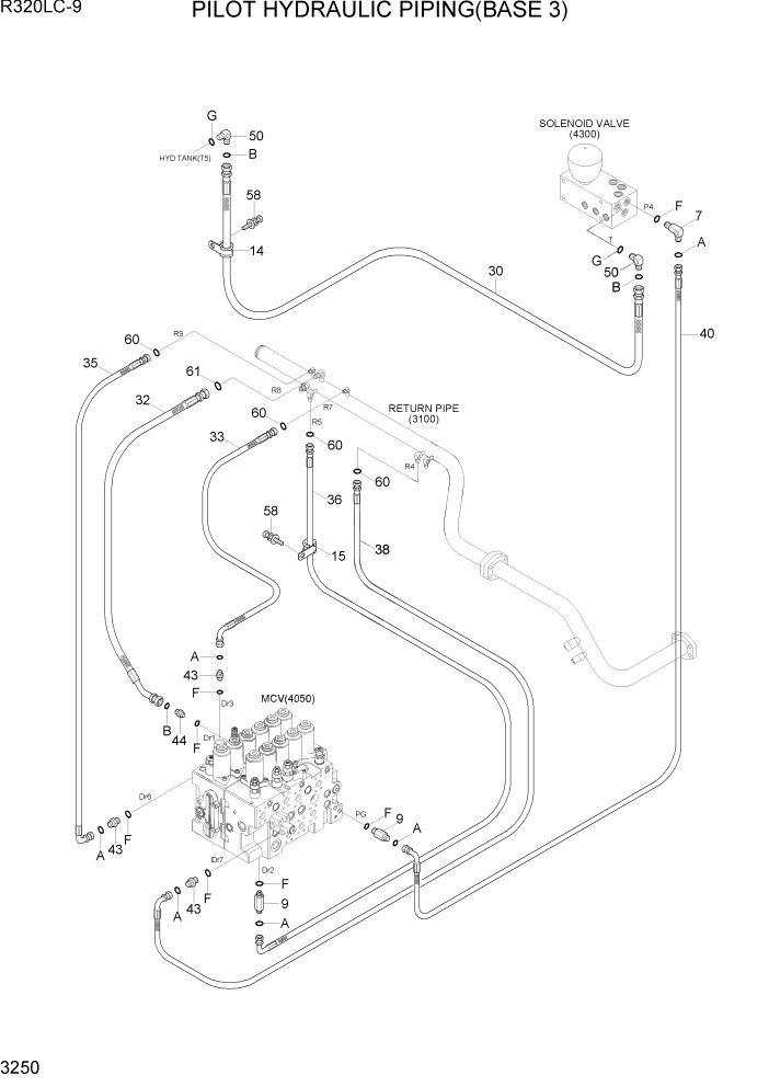 Схема запчастей Hyundai R320LC9 - PAGE 3250 PILOT HYDRAULIC PIPING(BASE 3) ГИДРАВЛИЧЕСКАЯ СИСТЕМА