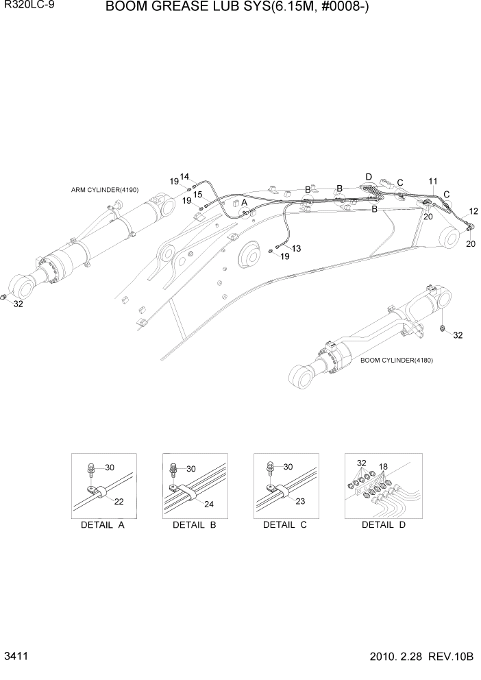 Схема запчастей Hyundai R320LC9 - PAGE 3411 BOOM GREASE LUB SYS(6.15M, #0008-) ГИДРАВЛИЧЕСКАЯ СИСТЕМА