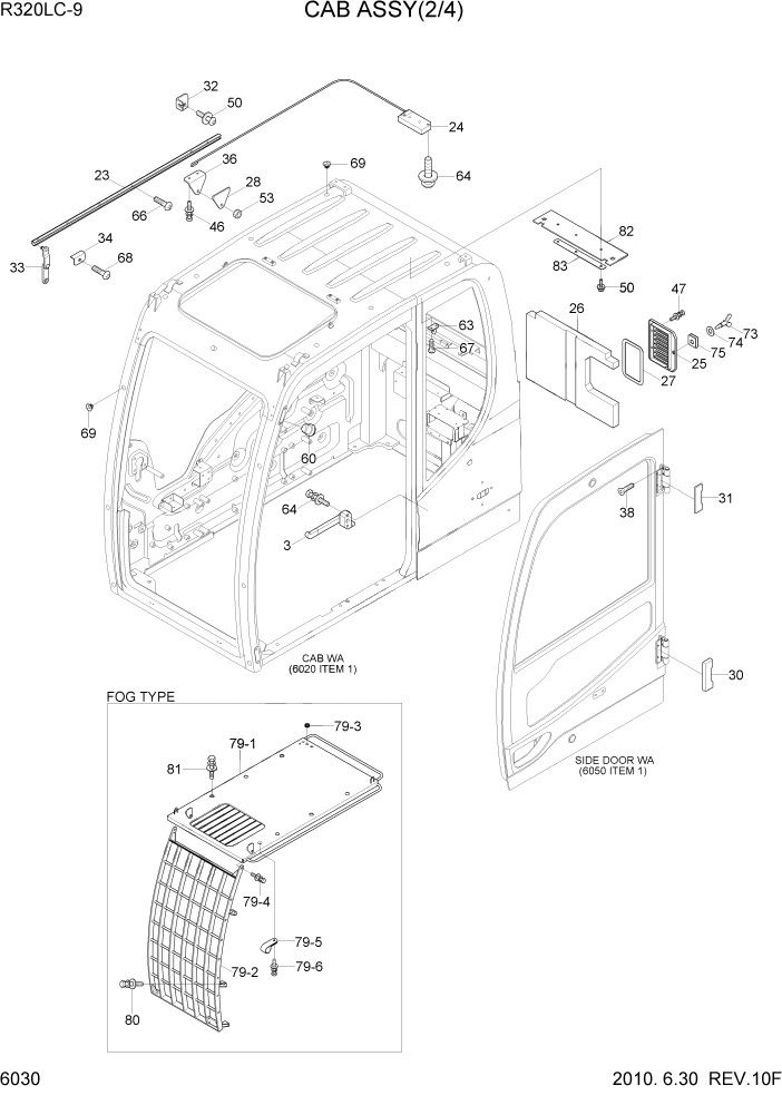 Схема запчастей Hyundai R320LC9 - PAGE 6030 CAB ASSY(2/4) СТРУКТУРА