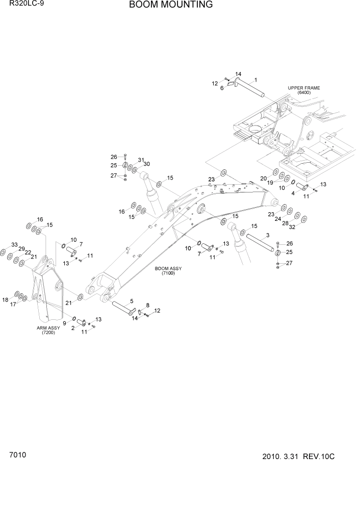 Схема запчастей Hyundai R320LC9 - PAGE 7010 BOOM MOUNTING РАБОЧЕЕ ОБОРУДОВАНИЕ