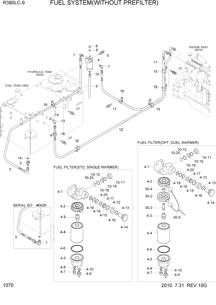 Схема запчастей Hyundai R360LC9 - PAGE 1070 FUEL SYSTEM(WITHOUT PREFILTER) СИСТЕМА ДВИГАТЕЛЯ