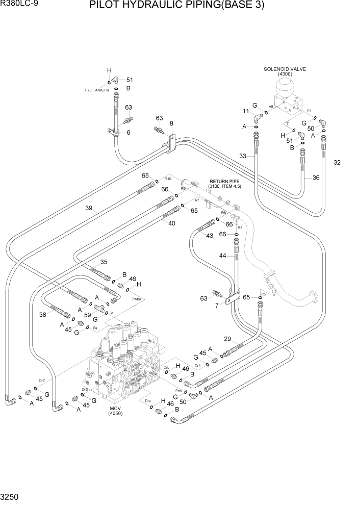 Схема запчастей Hyundai R360LC9 - PAGE 3250 PILOT HYDDRAULIC PIPING(BASE 3) ГИДРАВЛИЧЕСКАЯ СИСТЕМА