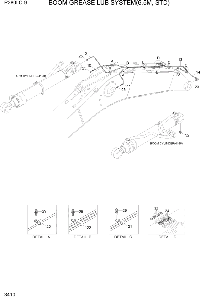 Схема запчастей Hyundai R360LC9 - PAGE 3410 BOOM GREASE LUB SYSTEM(6.5M, STD) ГИДРАВЛИЧЕСКАЯ СИСТЕМА