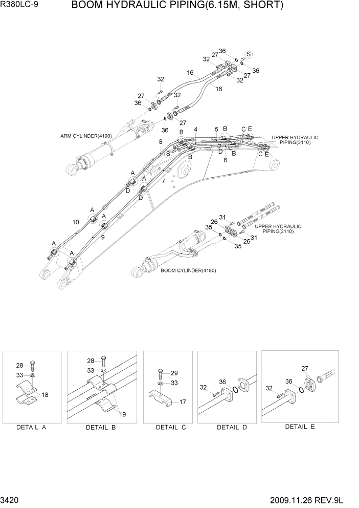 Схема запчастей Hyundai R360LC9 - PAGE 3420 BOOM HYDDRAULIC PIPING(6.15M, SHORT) ГИДРАВЛИЧЕСКАЯ СИСТЕМА