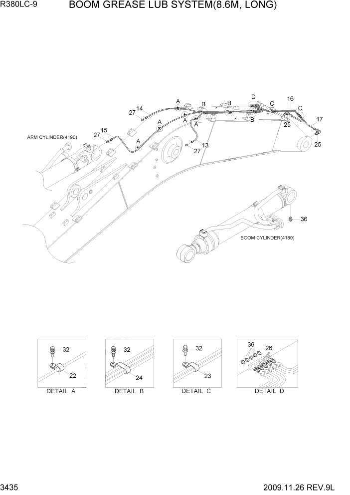 Схема запчастей Hyundai R360LC9 - PAGE 3435 BOOM GREASE LUB SYSTEM(8.6M, LONG) ГИДРАВЛИЧЕСКАЯ СИСТЕМА