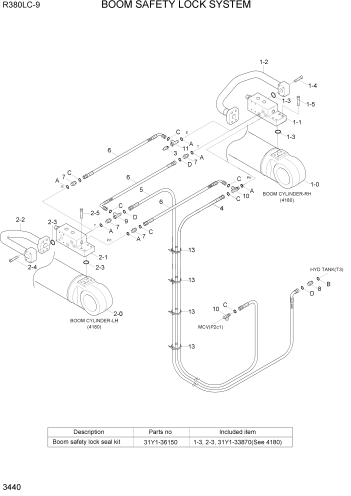 Схема запчастей Hyundai R360LC9 - PAGE 3440 BOOM SAFETY LOCK SYSTEM ГИДРАВЛИЧЕСКАЯ СИСТЕМА