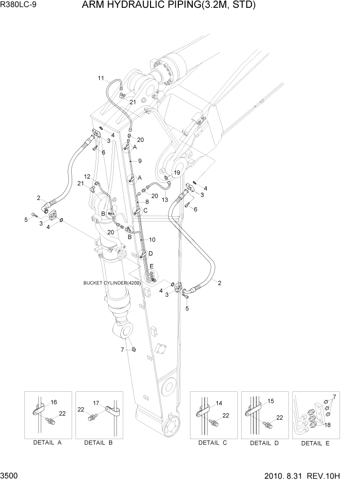 Схема запчастей Hyundai R360LC9 - PAGE 3500 ARM HYDRAULIC PIPING(3.2M, STD) ГИДРАВЛИЧЕСКАЯ СИСТЕМА