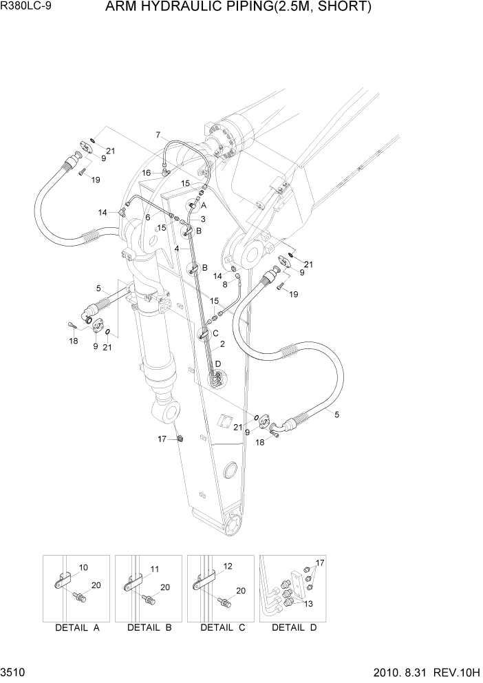 Схема запчастей Hyundai R360LC9 - PAGE 3510 ARM HYDRAULIC PIPING(2.5M, SHORT) ГИДРАВЛИЧЕСКАЯ СИСТЕМА