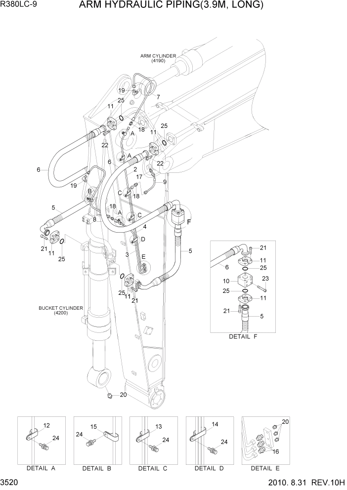 Схема запчастей Hyundai R360LC9 - PAGE 3520 ARM HYDRAULIC PIPING(3.9M, LONG) ГИДРАВЛИЧЕСКАЯ СИСТЕМА