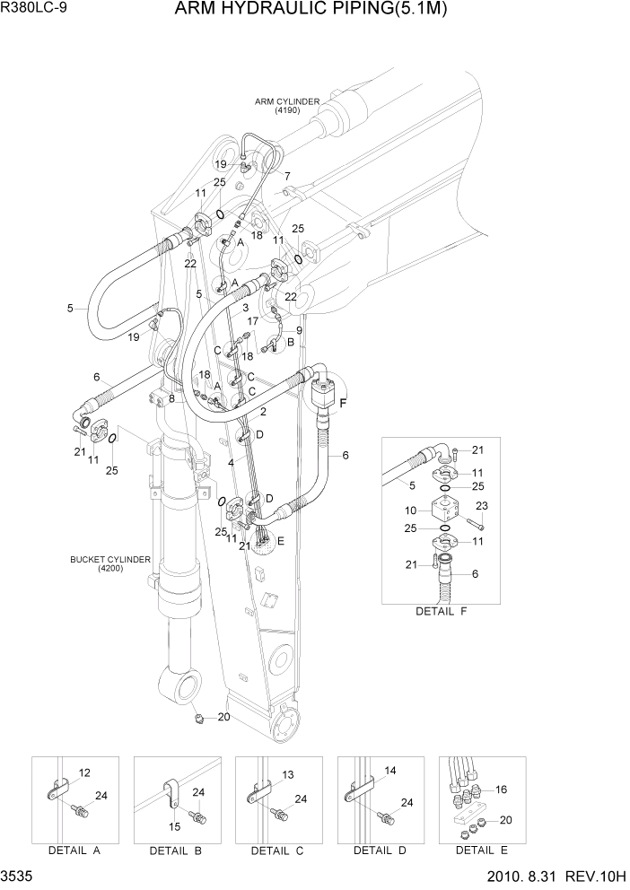 Схема запчастей Hyundai R360LC9 - PAGE 3535 ARM HYDRAULIC PIPING(5.1M, SUPER LONG) ГИДРАВЛИЧЕСКАЯ СИСТЕМА