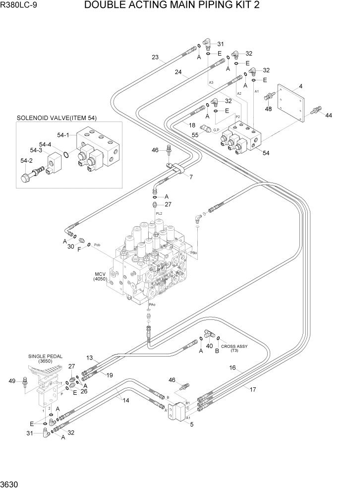 Схема запчастей Hyundai R360LC9 - PAGE 3630 DOUBLE ACTING MAIN PIPING KIT 2 ГИДРАВЛИЧЕСКАЯ СИСТЕМА