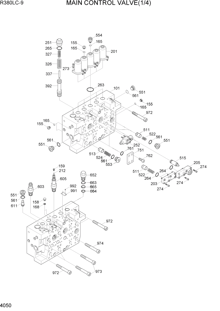 Схема запчастей Hyundai R360LC9 - PAGE 4050 MAIN CONTROL VALVE(1/4) ГИДРАВЛИЧЕСКИЕ КОМПОНЕНТЫ