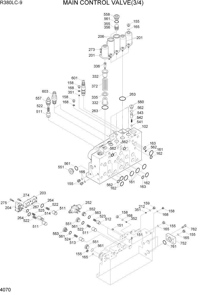 Схема запчастей Hyundai R360LC9 - PAGE 4070 MAIN CONTROL VALVE(3/4) ГИДРАВЛИЧЕСКИЕ КОМПОНЕНТЫ