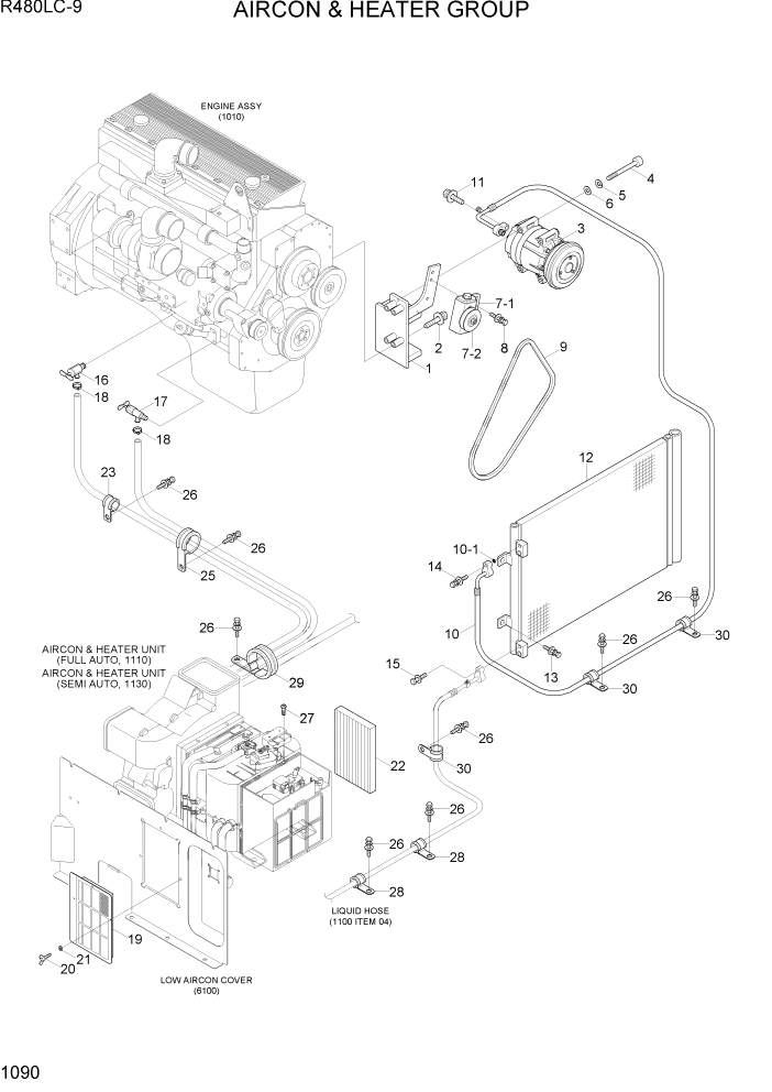 Схема запчастей Hyundai R480LC9 - PAGE 1090 AIRCON & HEATER GROUP СИСТЕМА ДВИГАТЕЛЯ