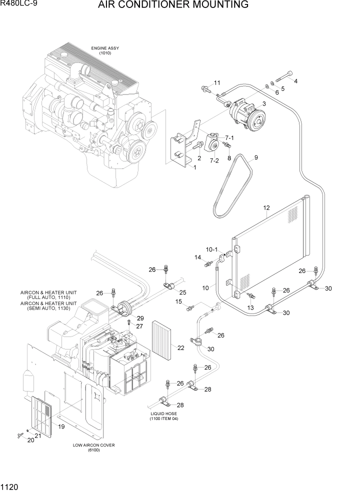 Схема запчастей Hyundai R480LC9 - PAGE 1120 AIR CONDITIONER MOUNTING СИСТЕМА ДВИГАТЕЛЯ