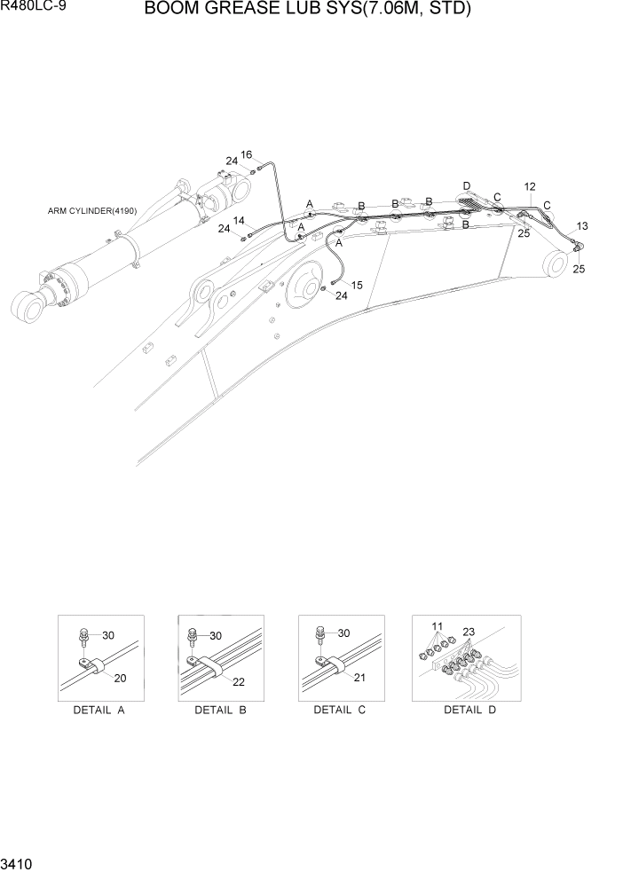 Схема запчастей Hyundai R480LC9 - PAGE 3410 BOOM GREASE LUB SYS(7.06M, STD) ГИДРАВЛИЧЕСКАЯ СИСТЕМА