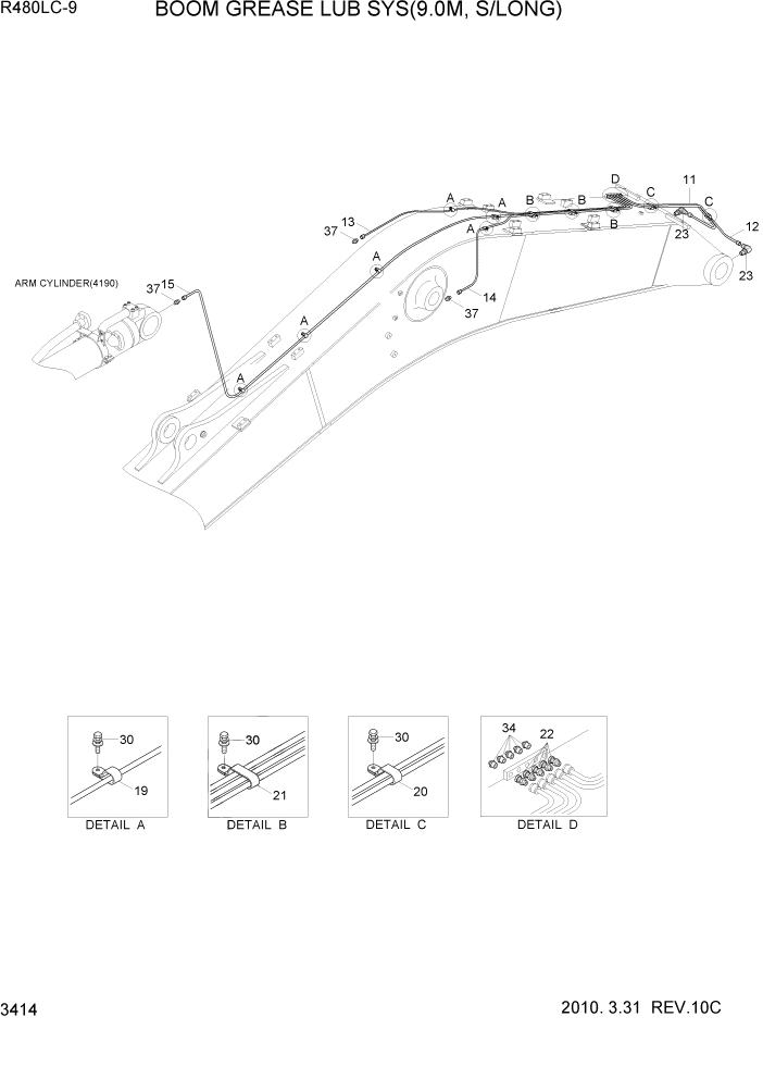 Схема запчастей Hyundai R480LC9 - PAGE 3414 BOOM GREASE LUB SYS(9.0M, S/LONG) ГИДРАВЛИЧЕСКАЯ СИСТЕМА