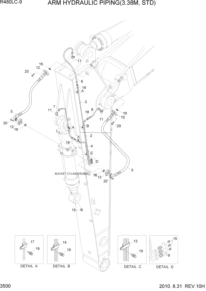 Схема запчастей Hyundai R480LC9 - PAGE 3500 ARM HYDRAULIC PIPING(3.38M, STD) ГИДРАВЛИЧЕСКАЯ СИСТЕМА