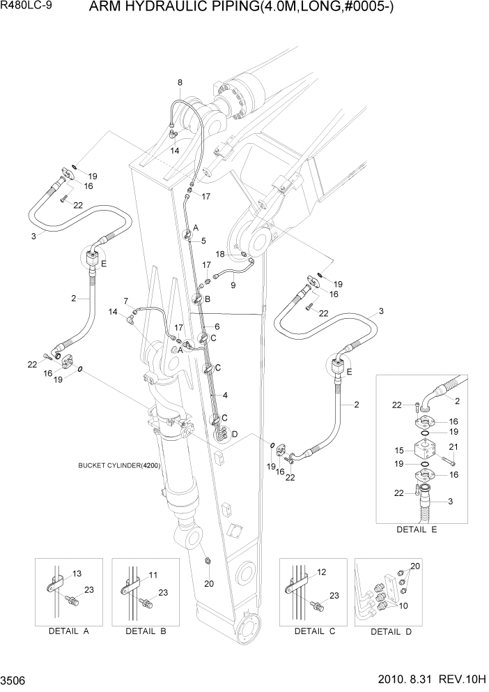 Схема запчастей Hyundai R480LC9 - PAGE 3506 ARM HYDRAULIC PIPING(4.0M,LONG,#0005-) ГИДРАВЛИЧЕСКАЯ СИСТЕМА