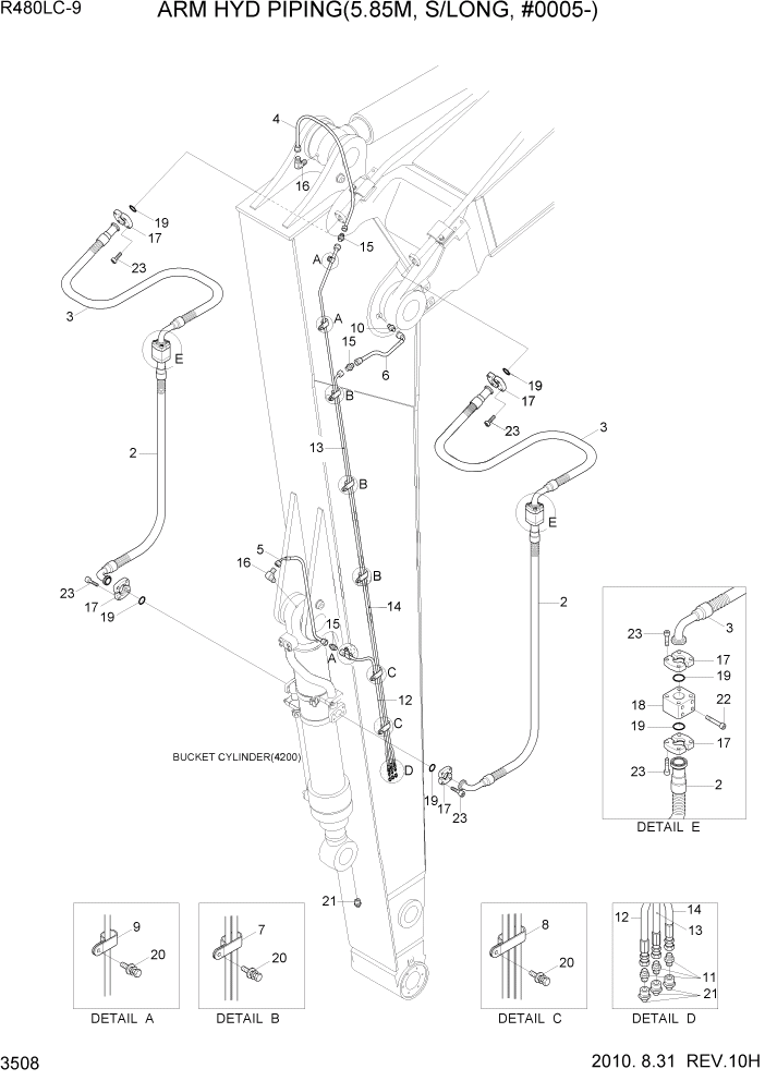 Схема запчастей Hyundai R480LC9 - PAGE 3508 ARM HYD PIPING(5.85M, S/LONG, #0005-) ГИДРАВЛИЧЕСКАЯ СИСТЕМА