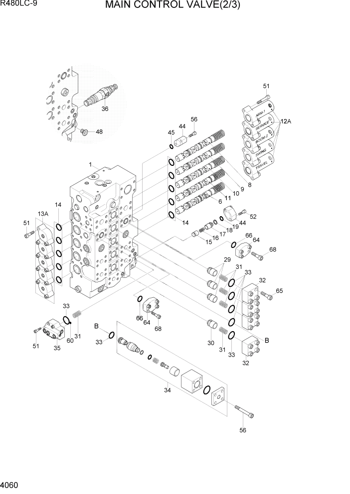 Схема запчастей Hyundai R480LC9 - PAGE 4060 MAIN CONTROL VALVE(2/3) ГИДРАВЛИЧЕСКИЕ КОМПОНЕНТЫ