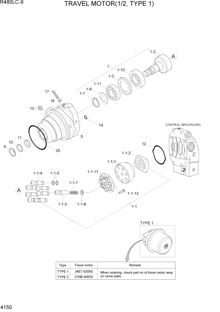 Схема запчастей Hyundai R480LC9 - PAGE 4150 TRAVEL MOTOR(1/2, TYPE 1) ГИДРАВЛИЧЕСКИЕ КОМПОНЕНТЫ