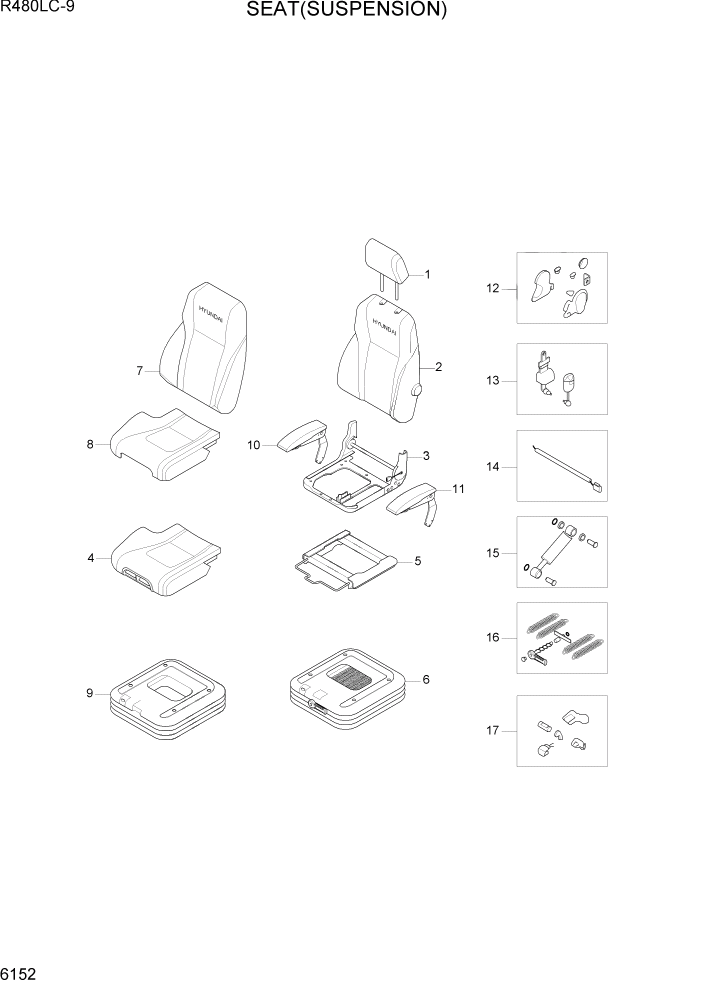 Схема запчастей Hyundai R480LC9 - PAGE 6150 SEAT(SUSPENSION, HEATED, STD) СТРУКТУРА