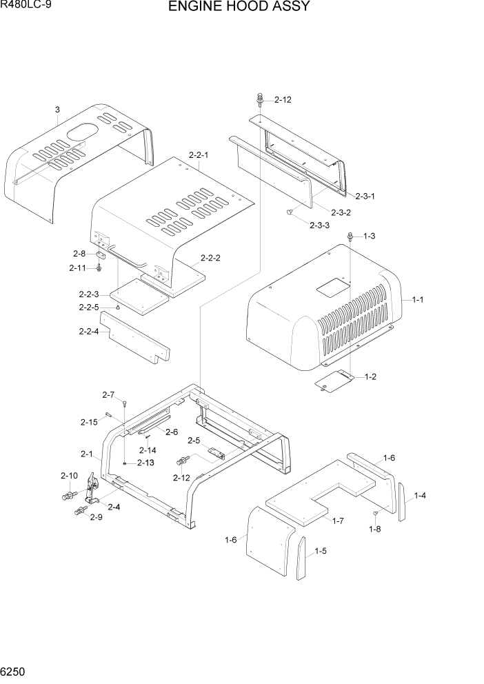 Схема запчастей Hyundai R480LC9 - PAGE 6250 ENGINE HOOD ASSY СТРУКТУРА