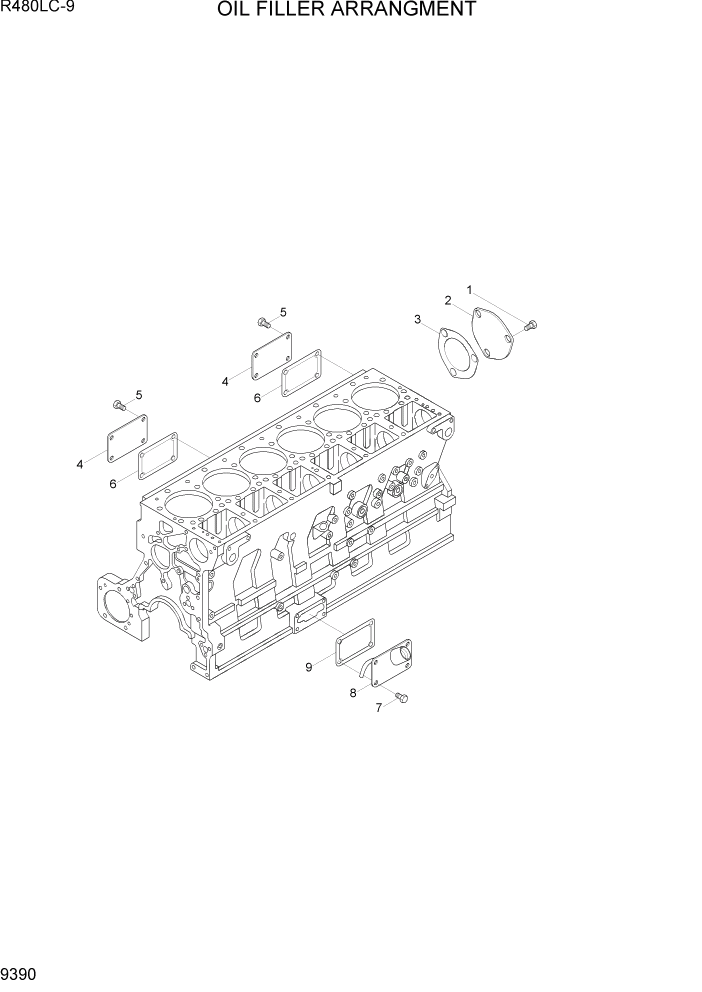 Схема запчастей Hyundai R480LC9 - PAGE 9390 OIL FILLER ARRANGEMENT ДВИГАТЕЛЬ БАЗА