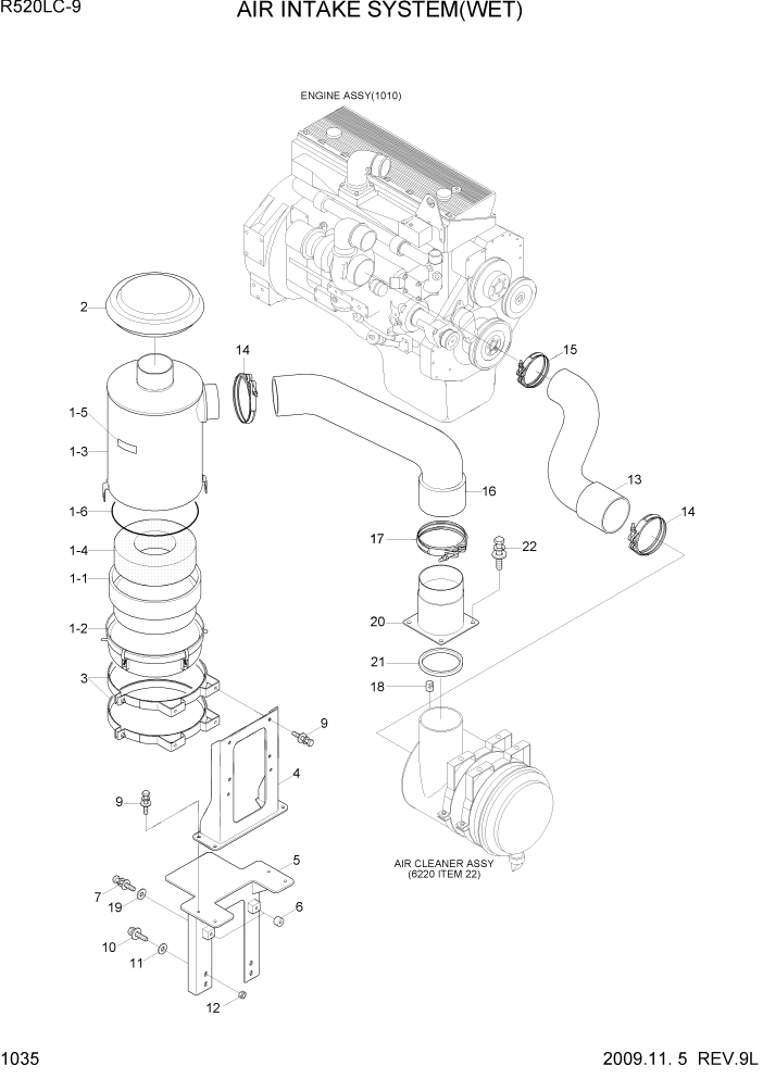 Схема запчастей Hyundai R520LC9 - PAGE 1035 AIR INTAKE SYSTEM(WET) СИСТЕМА ДВИГАТЕЛЯ