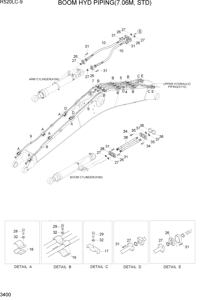 Схема запчастей Hyundai R520LC9 - PAGE 3400 BOOM HYD PIPING(7.06M, STD) ГИДРАВЛИЧЕСКАЯ СИСТЕМА