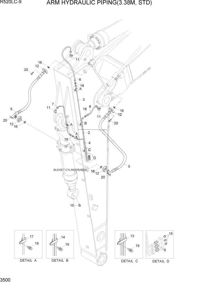 Схема запчастей Hyundai R520LC9 - PAGE 3500 ARM HYDRAULIC PIPING(3.38M, STD) ГИДРАВЛИЧЕСКАЯ СИСТЕМА