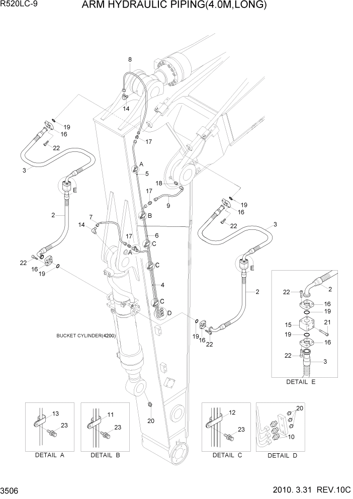 Схема запчастей Hyundai R520LC9 - PAGE 3506 ARM HYDRAULIC PIPING(4.0M,LONG) ГИДРАВЛИЧЕСКАЯ СИСТЕМА