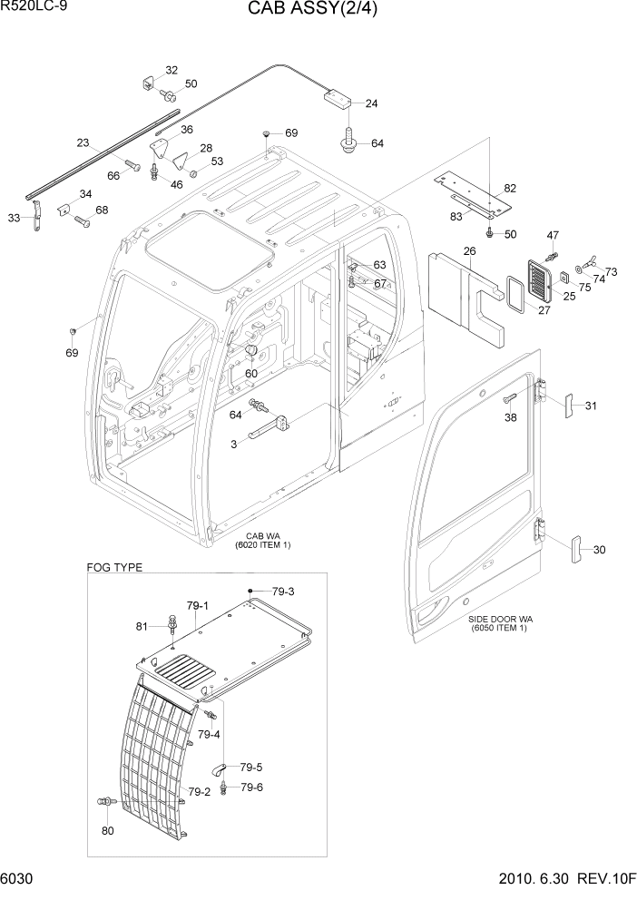 Схема запчастей Hyundai R520LC9 - PAGE 6030 CAB ASSY(2/4) СТРУКТУРА