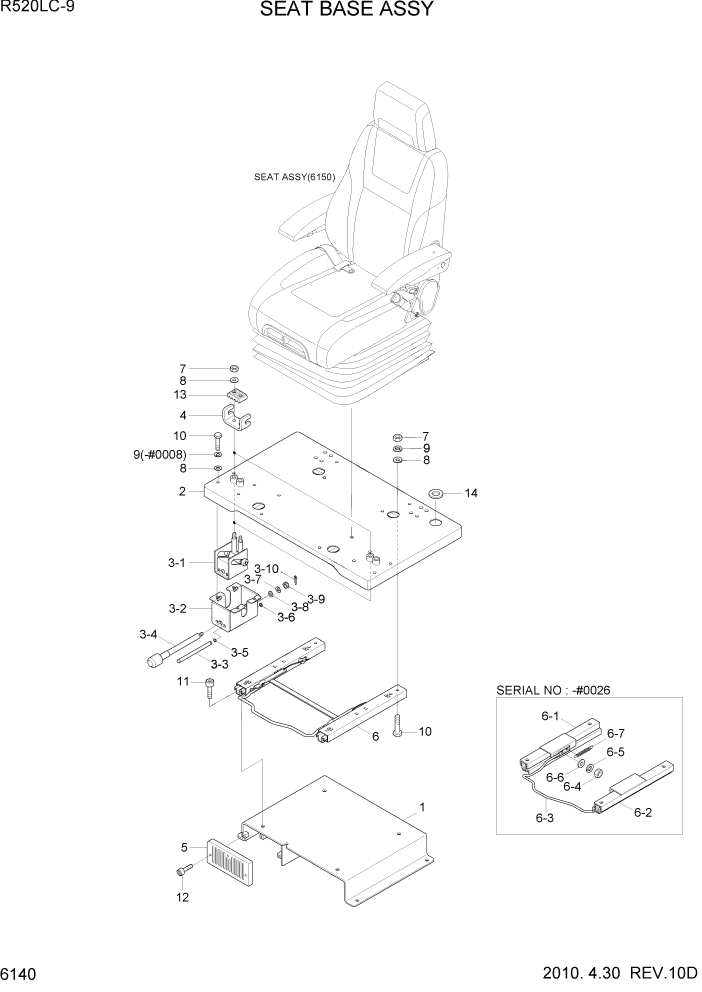 Схема запчастей Hyundai R520LC9 - PAGE 6140 SEAT BASE ASSY СТРУКТУРА