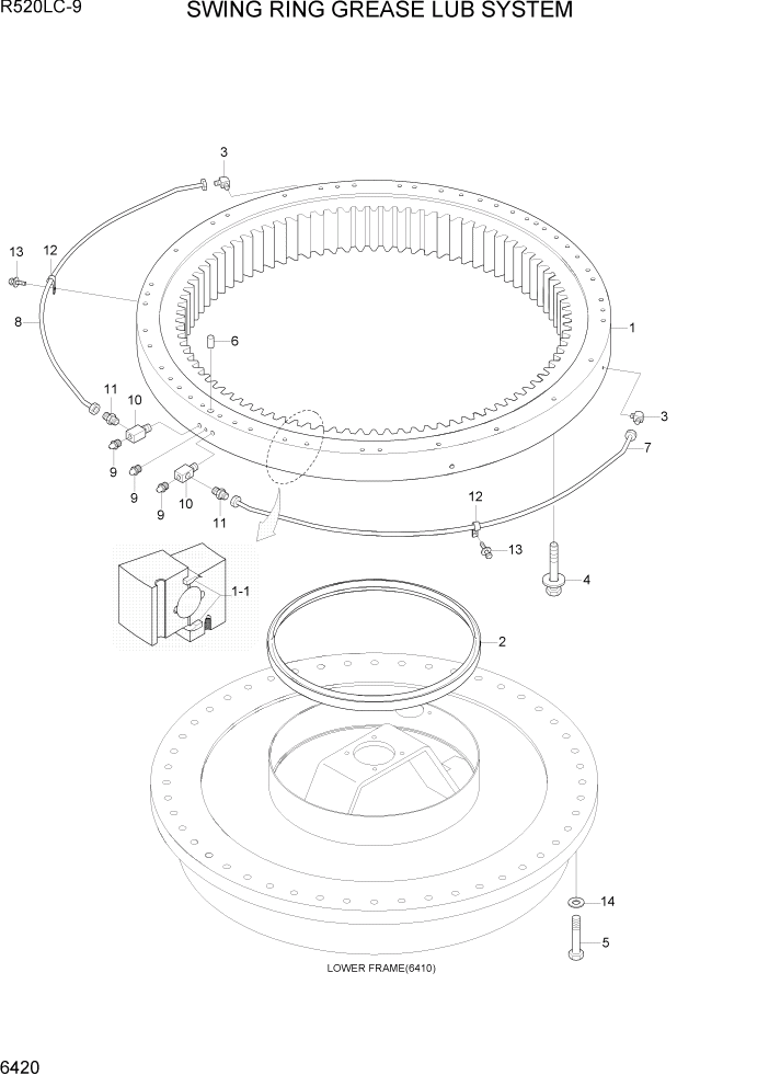 Схема запчастей Hyundai R520LC9 - PAGE 6420 SWING RING GREASE LUB SYSTEM СТРУКТУРА