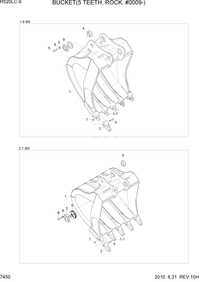 Схема запчастей Hyundai R520LC9 - PAGE 7450 BUCKET(5 TEETH, ROCK, 0009-) РАБОЧЕЕ ОБОРУДОВАНИЕ