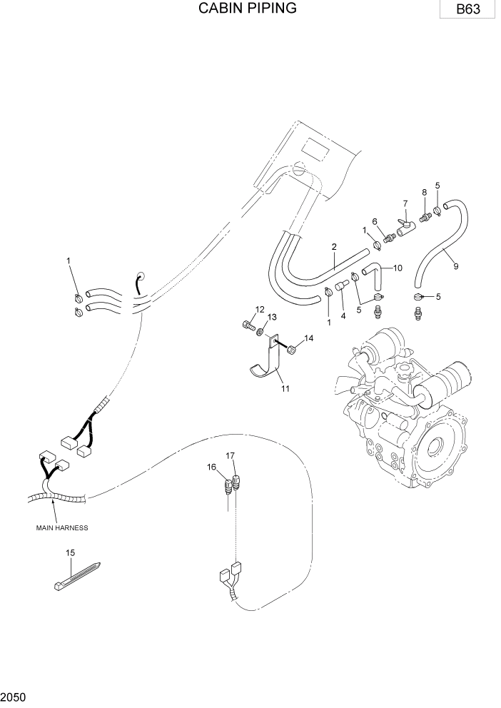 Схема запчастей Hyundai R15-7 - PAGE 2050 CABIN PIPING ВЕРХНЯЯ ЧАСТЬ МАШИНЫ