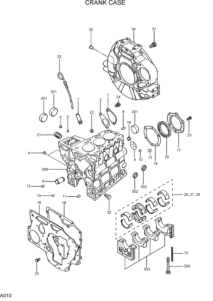 Схема запчастей Hyundai R15-7 - PAGE A010 CRANK CASE ДВИГАТЕЛЬ БАЗА