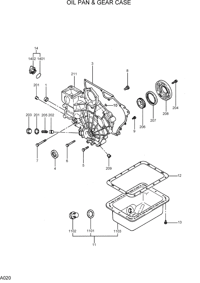 Схема запчастей Hyundai R15-7 - PAGE A020 OIL PAN & GEAR CASE ДВИГАТЕЛЬ БАЗА