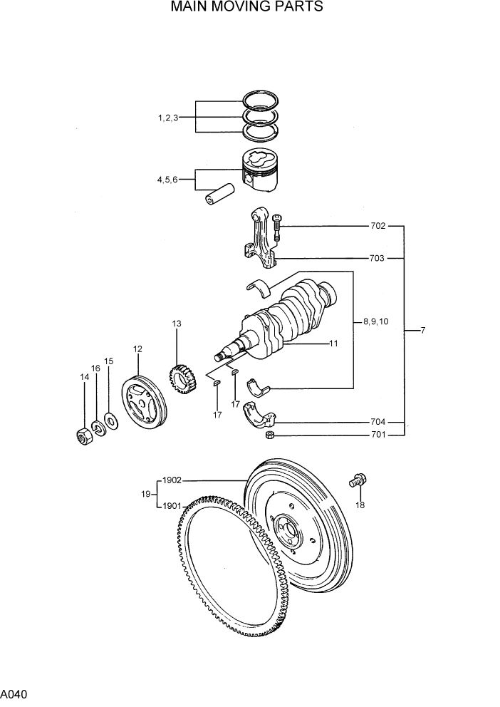 Схема запчастей Hyundai R15-7 - PAGE A040 MAIN MOVING PARTS ДВИГАТЕЛЬ БАЗА