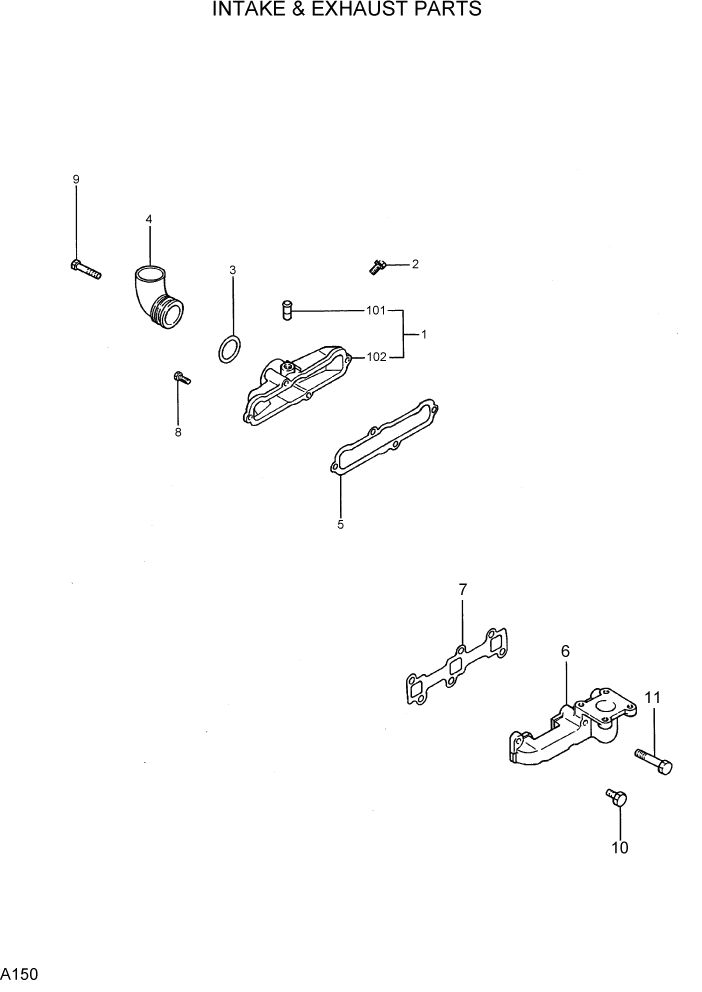 Схема запчастей Hyundai R15-7 - PAGE A150 INTAKE & EXHAUST PARTS ДВИГАТЕЛЬ БАЗА