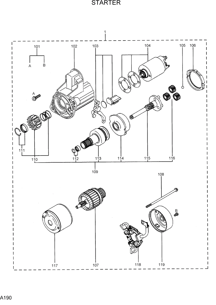 Схема запчастей Hyundai R15-7 - PAGE A190 STARTER ДВИГАТЕЛЬ БАЗА