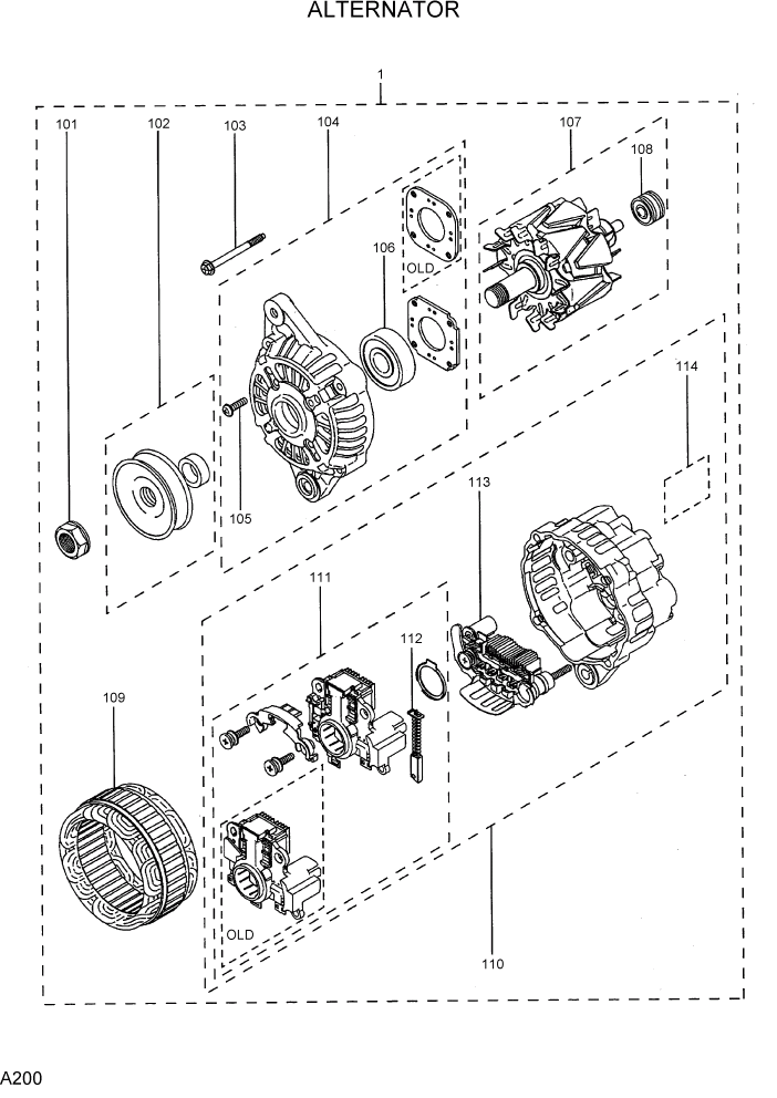 Схема запчастей Hyundai R15-7 - PAGE A200 ALTERNATOR ДВИГАТЕЛЬ БАЗА