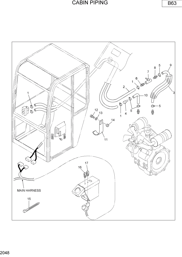 Схема запчастей Hyundai R16-7 - PAGE 2048 CABIN PIPING ВЕРХНЯЯ ЧАСТЬ МАШИНЫ