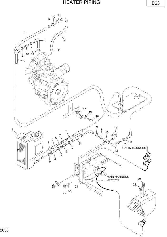 Схема запчастей Hyundai R22-7 - PAGE 2050 HEATER PIPING ВЕРХНЯЯ ЧАСТЬ МАШИНЫ