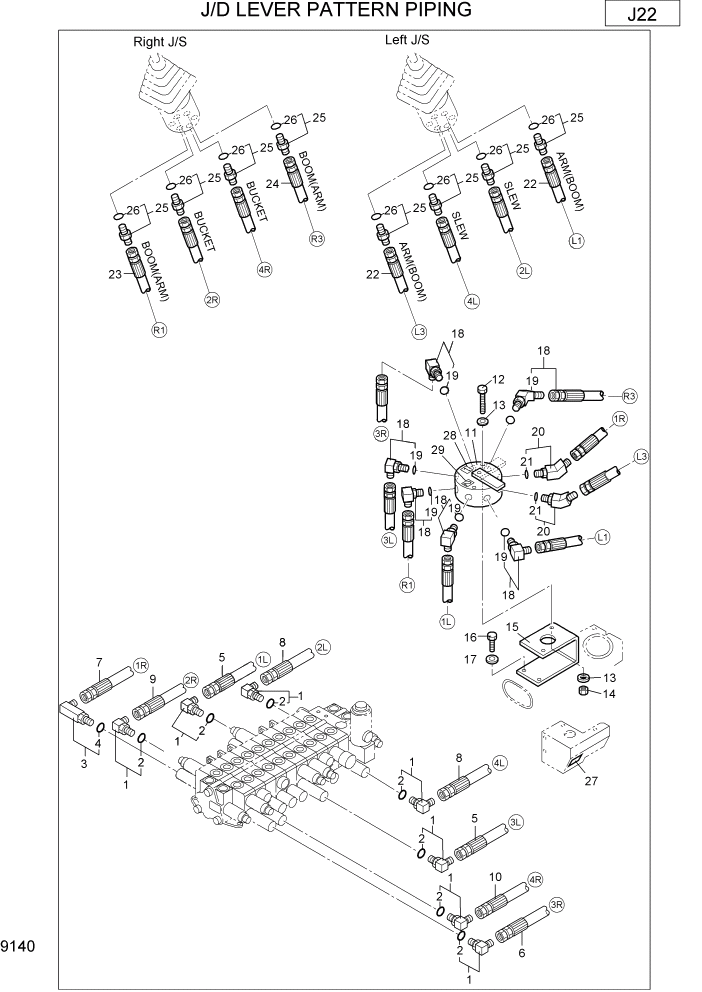 Схема запчастей Hyundai R22-7 - PAGE 9140 J/D LEVER PATTERN PIPING ВАРИАНТ